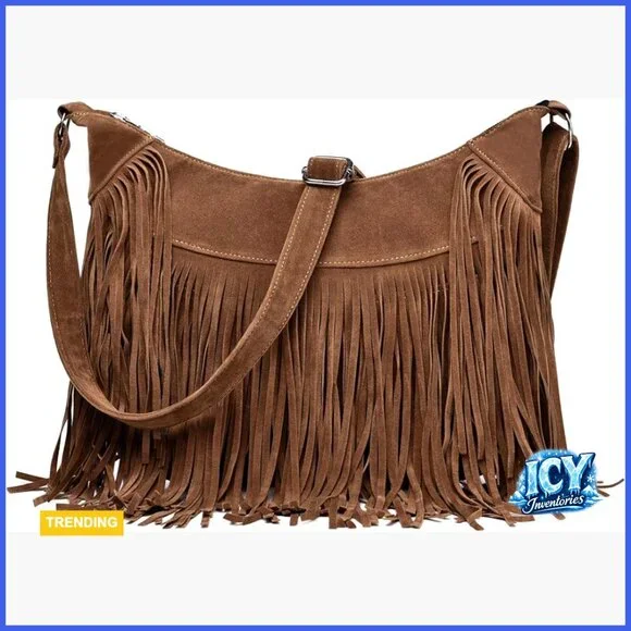 Vegan Suede Hobo Bag with Fringe Tassel Crossbody Shoulder Purse - Picture 1 of 7
